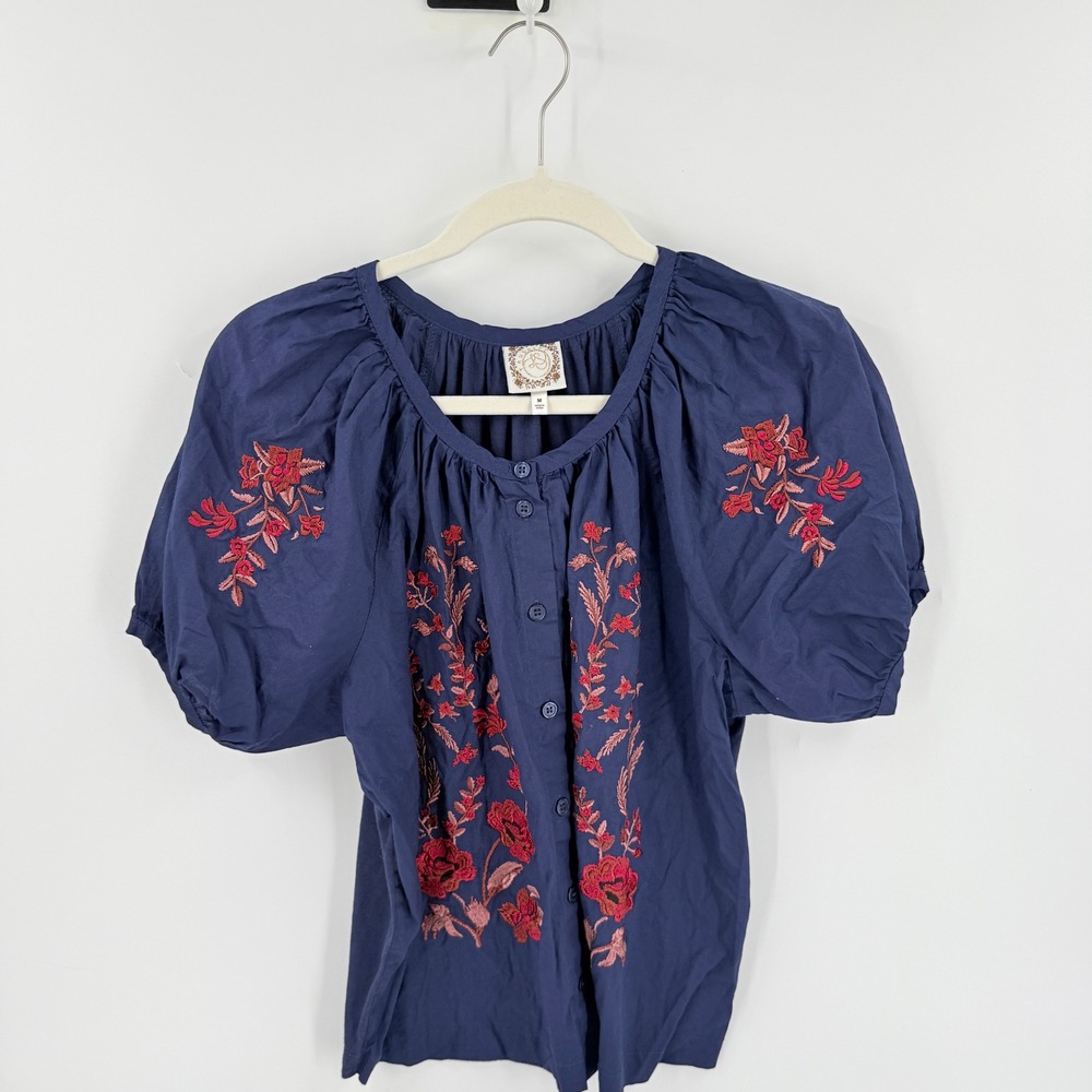 Tru Self Embroidered Puff Sleeve Blouse Blue Medium Floral Peasant Top
